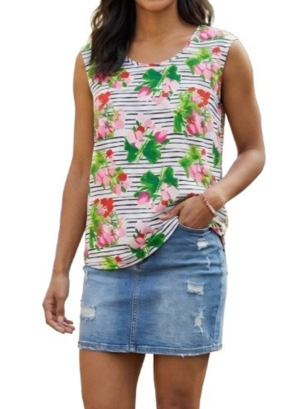Merona Bright Floral Print Blouse Tropical White Striped Pink Green Plus